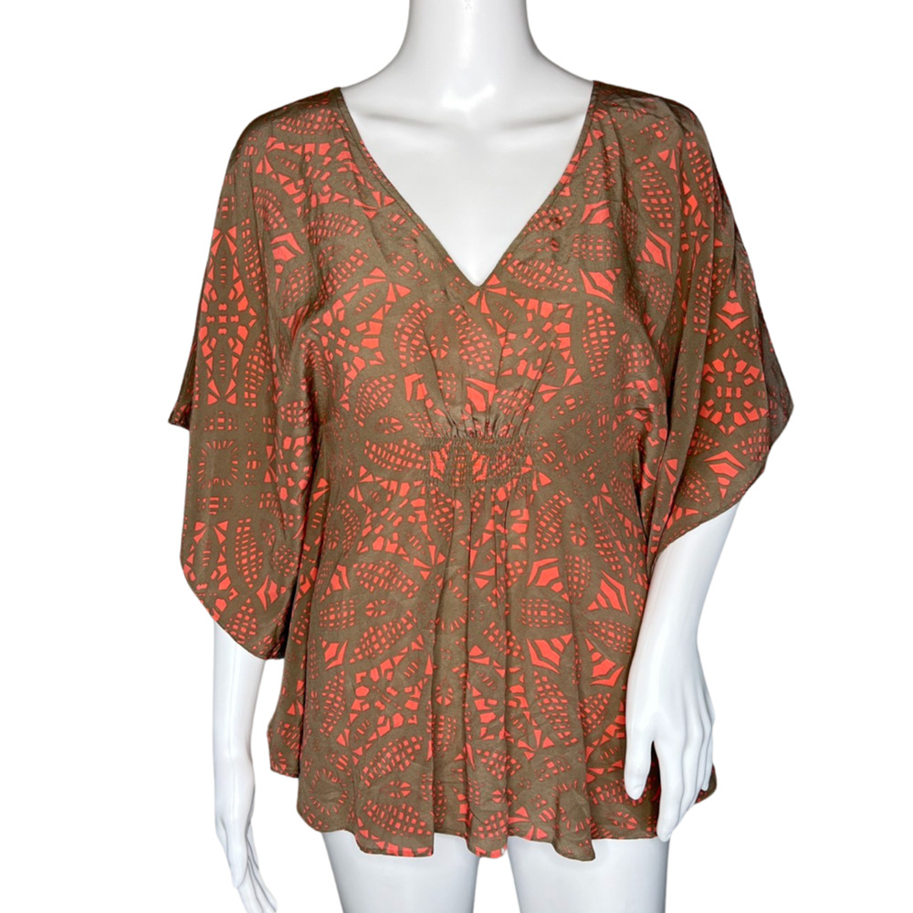 Addison Shirt Women XS Brown Orange‎ Geometric Silk Batwing Blouse Boho Hippie